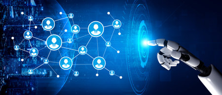 This image presents a futuristic robotic hand interacting with digital human networks, symbolizing...