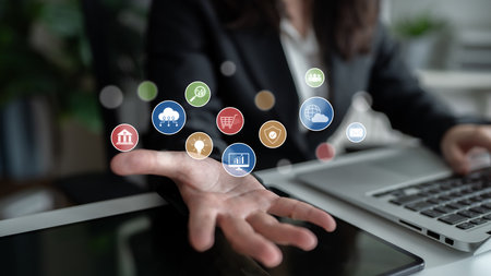 Set of business and digital service icons representing finance, cloud, analytics, email,...
