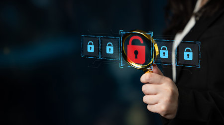 Digital security concept illustrating a cybersecurity breach, with a red unlocked padlock indicating...