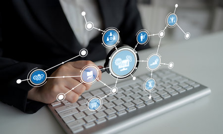 A business professional engages with a futuristic technology interface, highlighting digital...
