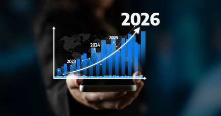 A person holds a smartphone displaying a financial graph illustrating significant growth from 2023...