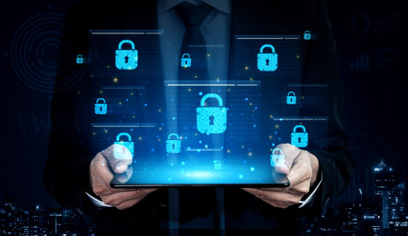 Concept of cybersecurity and a secure network. Multiple layers of data encryption and firewall...