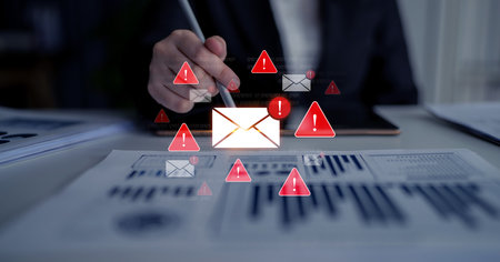 Concept of a cybersecurity warning for unsafe email communication. This alert signifies a phishing...