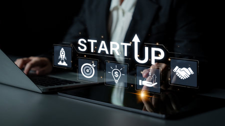 Concept of a new startup business venture. The process includes innovation, setting targets,...