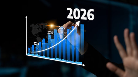 A dynamic digital graph showcases projected growth from 2023 to 2026, featuring vibrant blue bars...