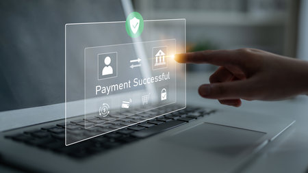 Successful transaction message showing secure payment. Payment confirmed, secured, payment...