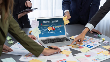 Analyst team use sticky note for creative and analytic brainstorm for business idea with BI data...