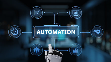 A robotic hand engages with digital automation icons in a sleek office environment, showcasing...