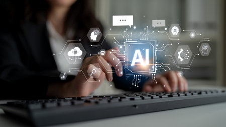 Concept of a cognitive and conversational AI. The central processor powers a chatbot, performs cloud...