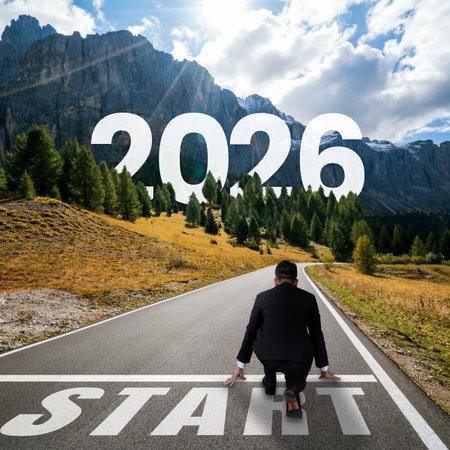2026 New Year journey and future vision concept . Businessman traveling on highway road leading...