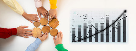 A visual representation of teamwork and strategy with diverse hands working on gears and a chart...