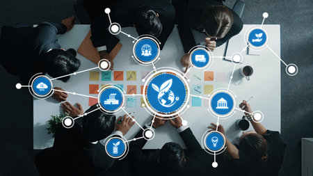 Top down aerial view of manager discuss and choose marketing idea from sticky notes. Group of...