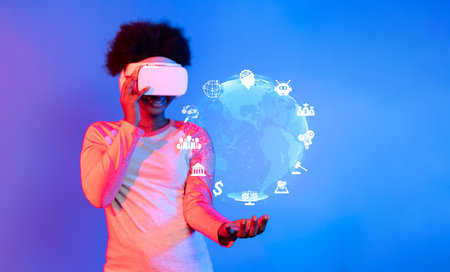 A person wearing a virtual reality headset engages with holographic representations of a digital...