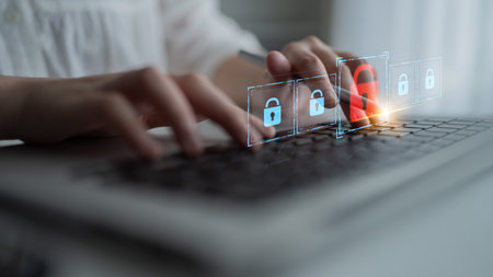 Digital security concept illustrating a cybersecurity breach, with a red unlocked padlock indicating...