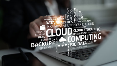 This image illustrates key concepts in cloud computing, emphasizing data analytics, storage, and...