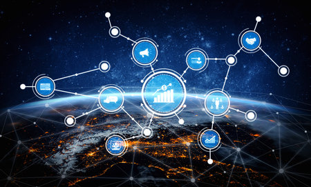 This image illustrates a futuristic data network with global connectivity, showcasing analytics and...