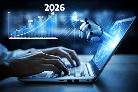A futuristic scene depicting a hand using a laptop while a robotic arm touches the screen,...
