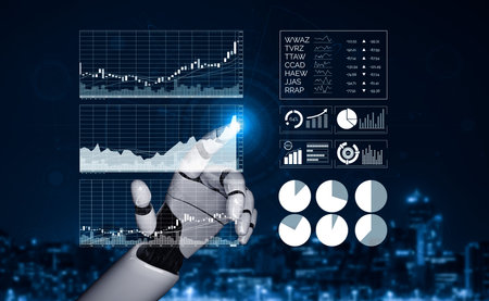 A robotic hand interacts with digital finance charts and analytics, showcasing modern technology in...