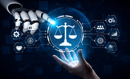 AI regulates digital law through compliance dashboards, justice-oriented tools, and secure automation for ethical governance and technology policy alignment. Artificial intelligence splineの写真素材