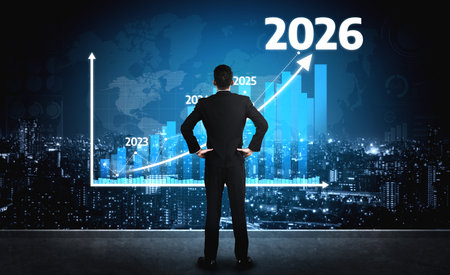 A business professional stands before a futuristic financial chart displaying growth projections...