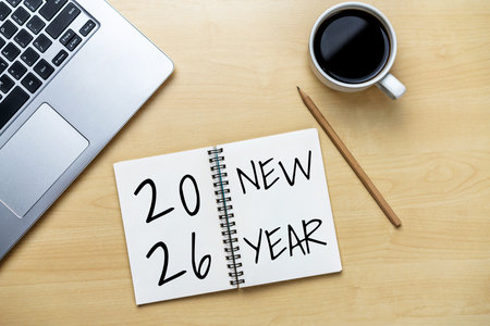 2026 Happy New Year Resolution Goal List and Plans Setting - Business office desk with notebook...