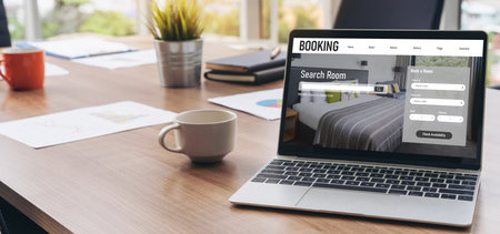 Online hotel accommodation booking website provide modish reservation system . Travel technology concept .の写真素材