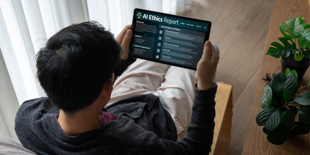 AI ethics responsibility standard law and rules on computer screen provide report of AI ethic...