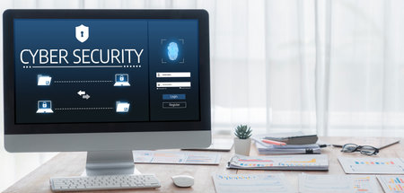 Cyber security system on computer screen protect private information brisk from hacker and cyber...