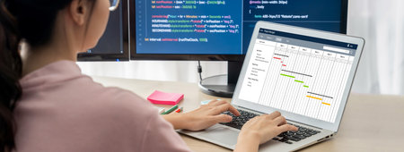 Project planning software for brisk business project management on the computer screen showing...