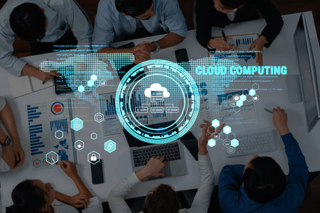 A diverse group of professionals collaborates in a modern workspace, analyzing data and discussing...