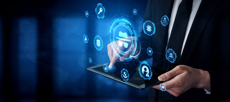 Cyber security icons show cyber attack defense, malware protection, and data security. Cybersecurity...