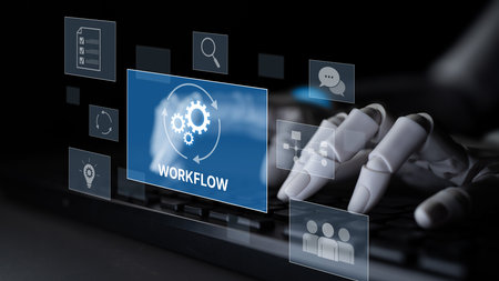 AI streamlines business workflows by automating repetitive tasks, enhancing team coordination, and optimizing structured processes for greater operational efficiencyの写真素材
