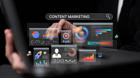 Content marketing interface with data dashboards, analytics charts, and content tools. Marketing success comes from content performance, content planning, and marketing optimization. Splineの写真素材