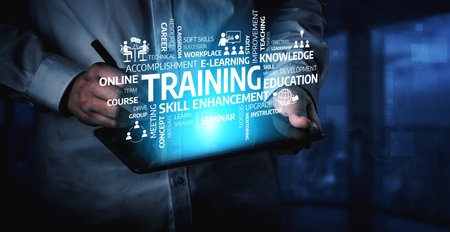 A conceptual image showcasing digital learning and development, emphasizing skill enhancement, online training programs, and knowledge acquisition through technology. Tesselの写真素材