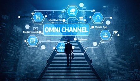 A business professional ascends stairs in an urban environment, approaching an omni-channel concept displayed through digital icons, symbolizing modern marketing strategies. Tesselの写真素材