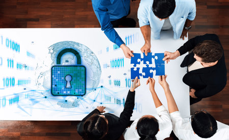 A diverse group of professionals collaborates on a cybersecurity challenge, using a puzzle piece...
