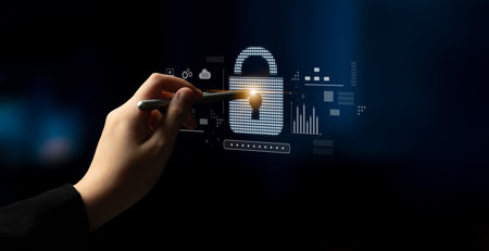 Cybersecurity protection system showing password encryption, fingerprint ID, cloud security, email,...
