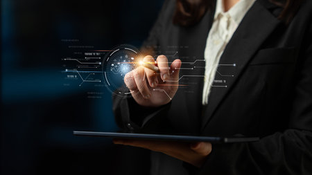 AI artificial intelligence with digital brain and connected data circuit. AI core processes data, AI...