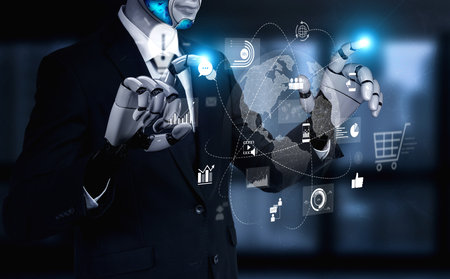 AI managing global digital marketing, optimizing communication, analyzing data trends, and...