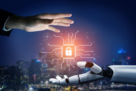 AI safeguarding cyber security system, monitoring threats, analyzing attack patterns, and securing...