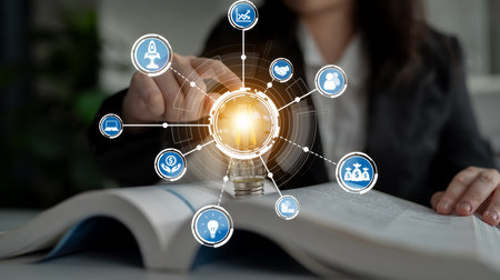 A businesswoman interacts with digital icons on an open book, symbolizing the integration of...