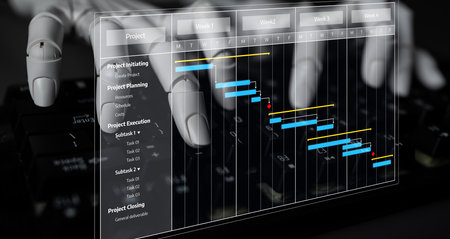 A close-up view of hands interacting with a digital project management interface, displaying a Gantt...