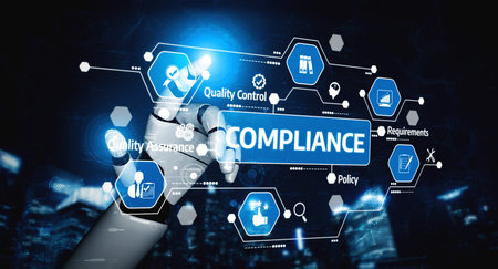 A robotic hand engaging with digital compliance interface highlighting quality control, assurance,...