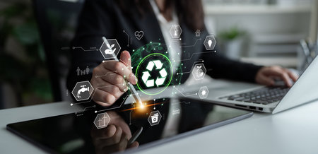 Concept of corporate social responsibility and sustainability. A global network of green energy, recycling, and conservation efforts for a better environment and future.の写真素材