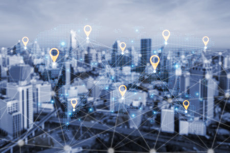 Concept of a global logistics network with location pins on a world map. This represents an...