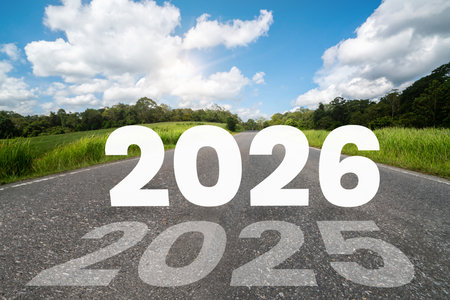 2026 New Year road trip travel and future vision concept . Nature landscape with highway road...