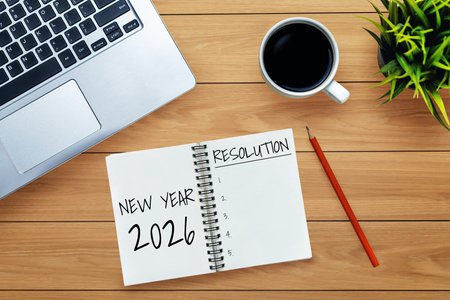2026 New Year Resolution Goal List and Plans Setting - Business office desk with notebook written...
