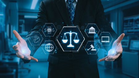 Futuristic digital law interface displaying justice scale, highlighting digital law, AI compliance,...