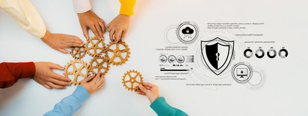 A collaborative workspace scene showcasing diverse hands assembling gears, symbolizing teamwork and...