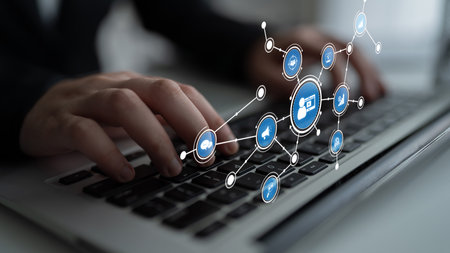 A close-up of hands typing on a laptop keyboard, surrounded by digital icons and network connections...
